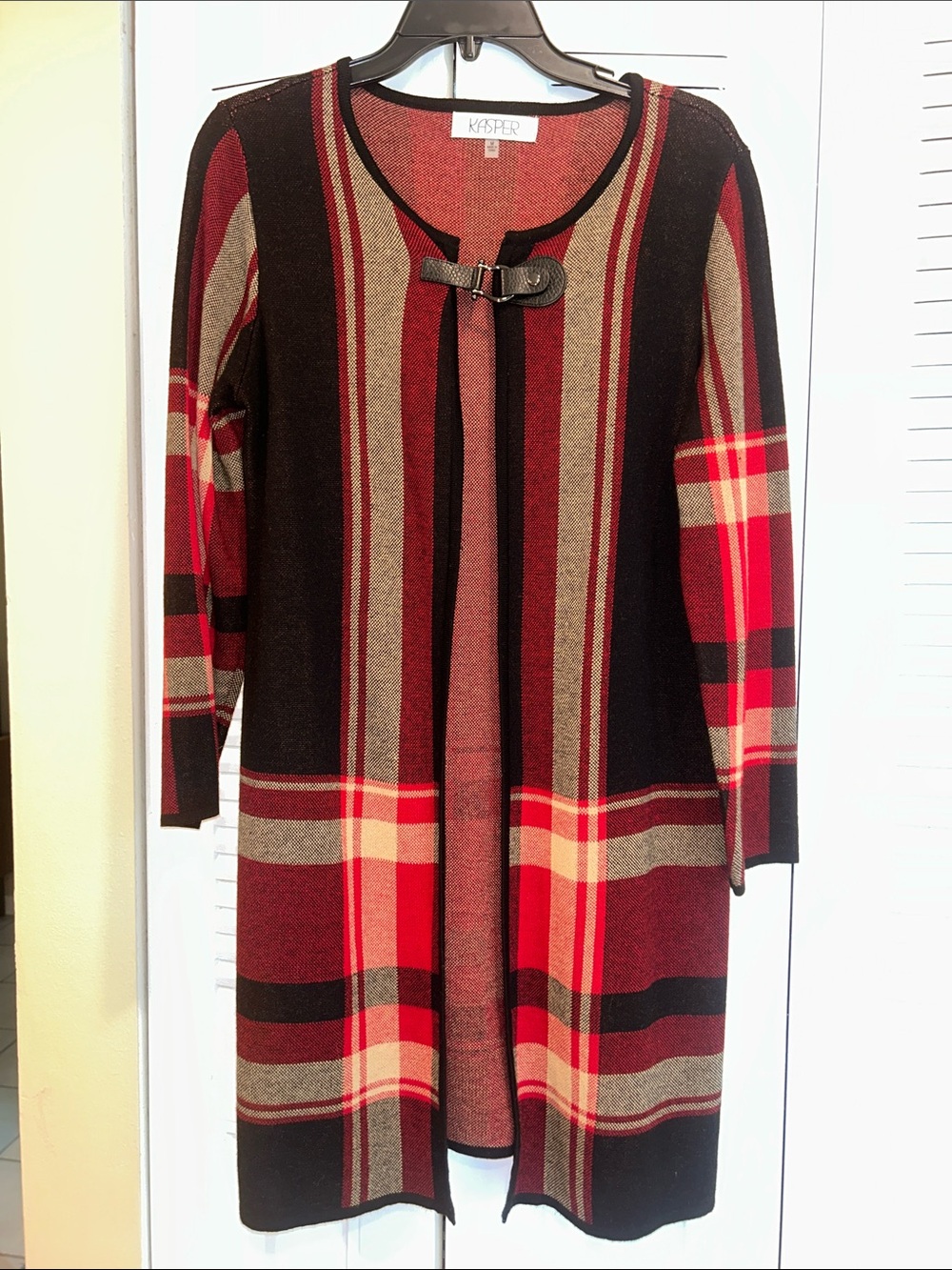 Kasper Red Black Tan Plaid Long Cardigan